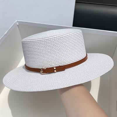 TEMU Rattan Wide Brim Flat Top Hat Women's Summer French Vintage Simple Travel Beach Hat Vacation Photo Fashion Straw Hat Image