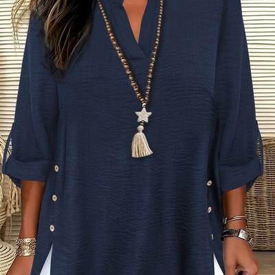 TEMU Elegant Plus Size Women's Blouse With Decorative Buttons And Tassel Detail - Chic Denim, High-low Hem, Non-stretch Fabric, Spring/summer, Versatile Shirt|knot Front Design|polyester Blend Image