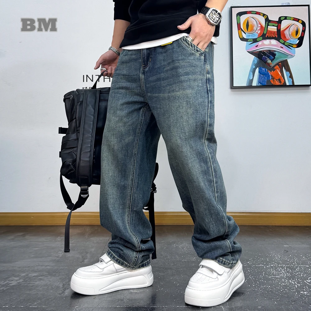 Amerikanische Vintage Klassische Jeans Männer Gerade Bein Lose Fit Cargo Hosen Harajuku Schwere Denim Streetwear Plus Größe Blaue Hose