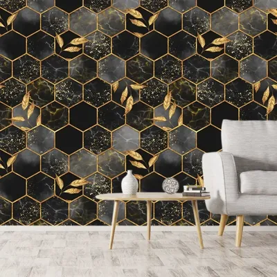 Moderne Tapeten zum Abziehen und Aufkleben, Vinyl, Schwarz, Gold, Geometrie, Kontakt, Image