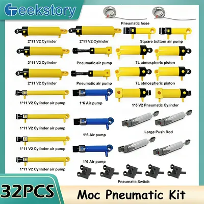 32 Stück MOC Technische Teile Pneumatik-Kit Barometer Lufttankpumpe Kolbenschlauch-Schalter-Set für Image