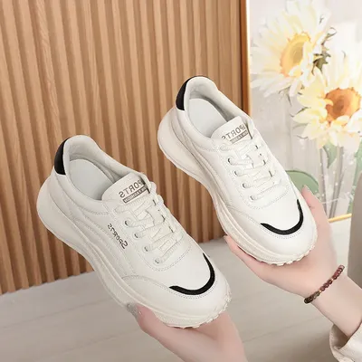 Casual Sports Shoes Thick Sole White Women's Shoes Lightweight Comfortable Versatile Lace-Up Forrest