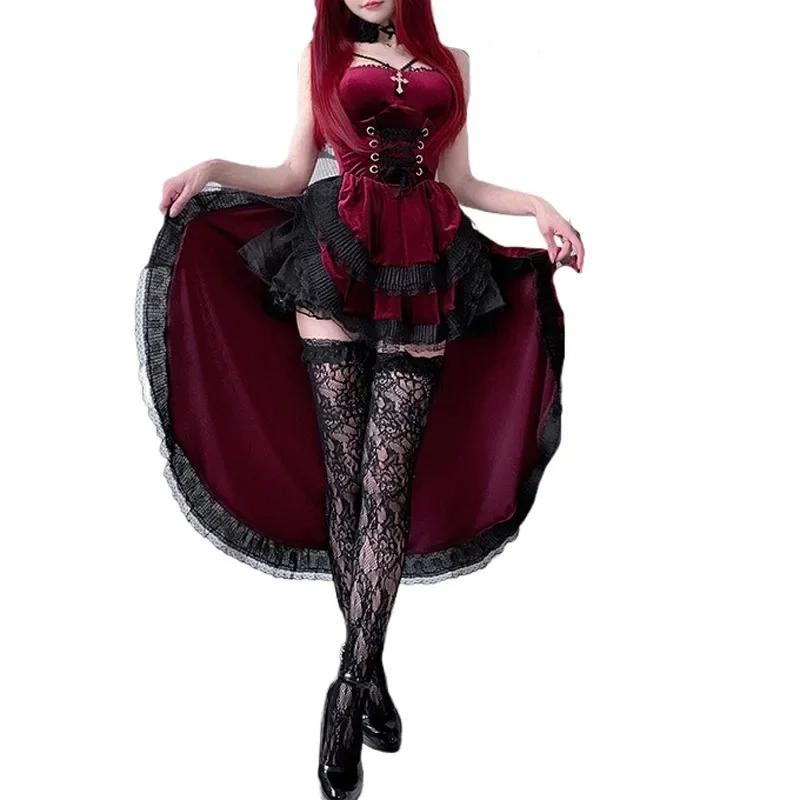Vintage Dark Gothic Halloween Sexy Spitze Schwalbenschwanz Neckholder Kleid 2024 Neue Retro Schwalbenschwanz Hexe Dämon Vampir Geist Brautkleider