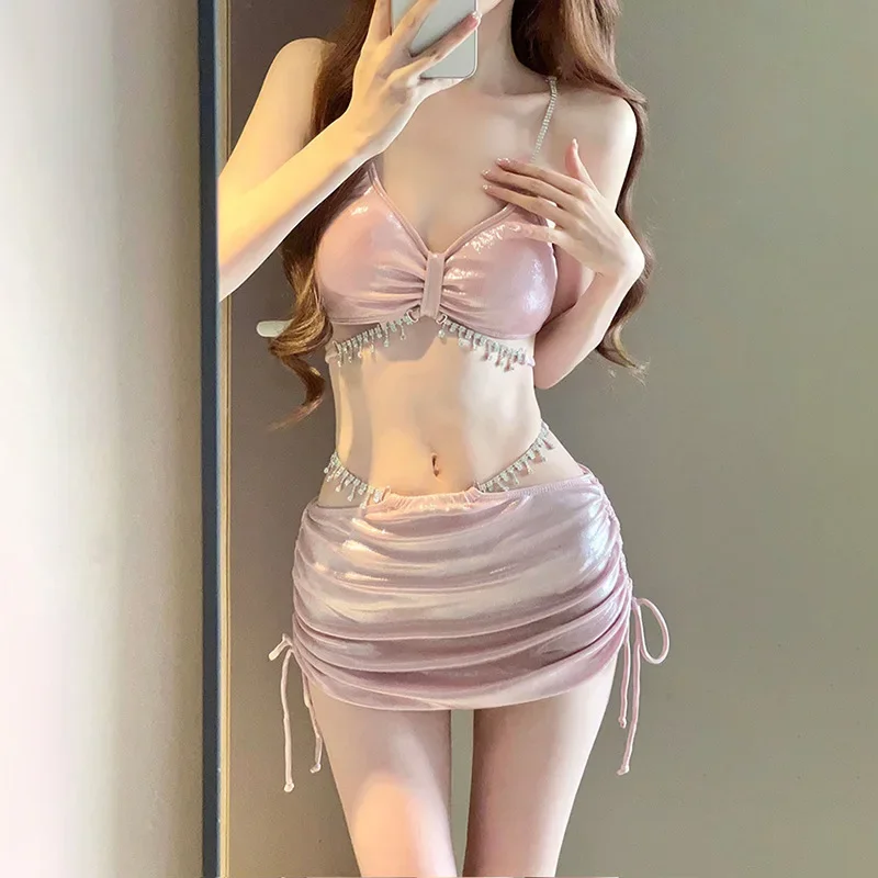 Sommer Sexy süße rosa süße Kawaii Badeanzug Slim Fit rückenfreie Bikini Set Damen 3-teilige hohe Taille Bademode Sexy Badeanzug