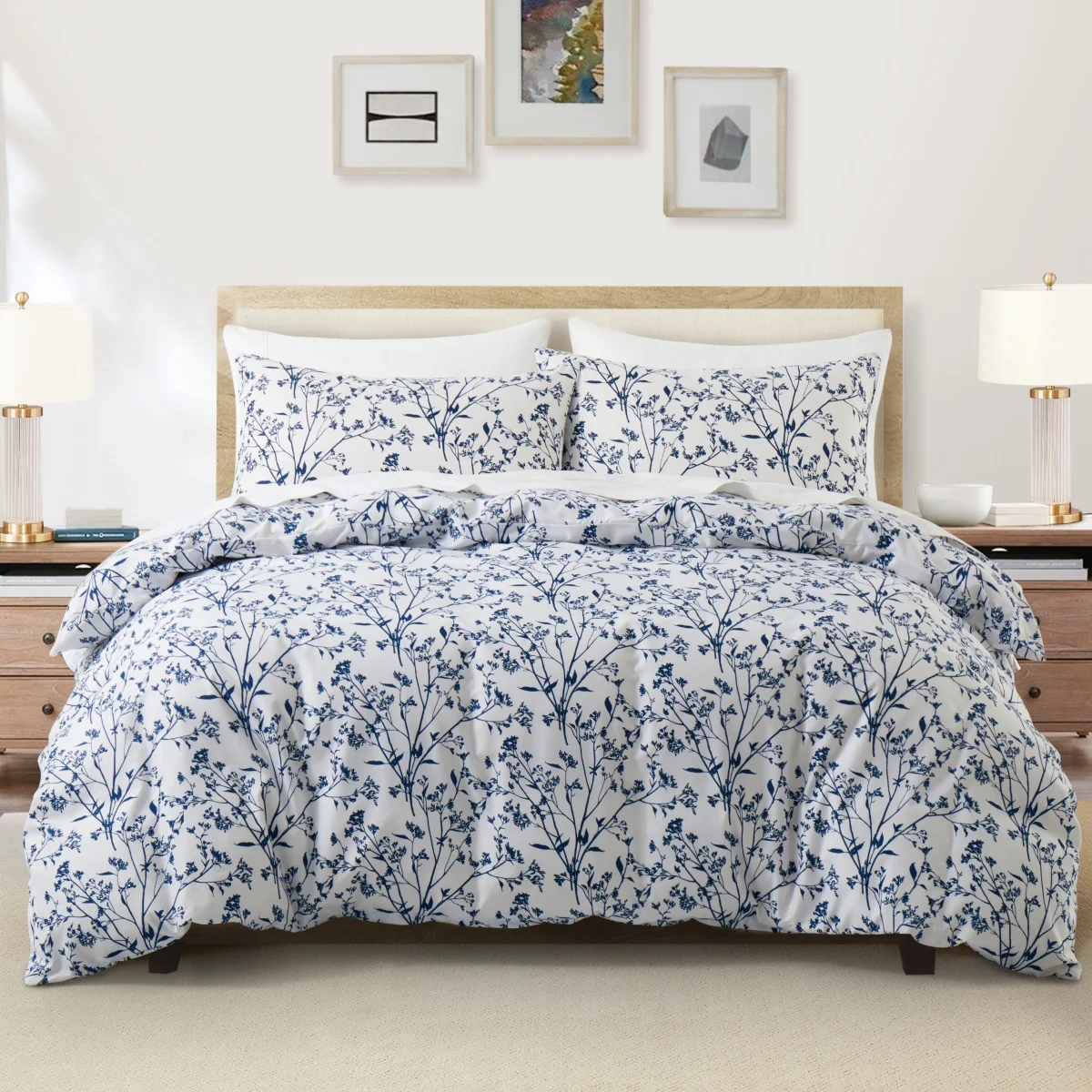 Bettbezug-Set mit Blumenmuster, Queen-Size-Bett, wendbar, blaue und weiße Blumenzweige, Blattdruck, Trösterbezug, Vintage-Bettwäsche-Set im Bauernhaus
