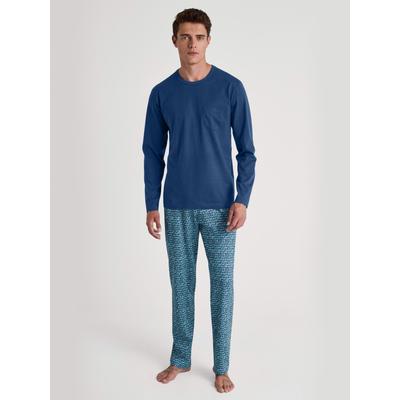 Schlafanzug CALIDA "Relax Imprint", Herren, Gr. XL (56), blau (pottery blau), Single Jersey, Obermaterial: 100% Baumwolle, casual, relaxed fit lang, Rundhals, Langarm, Homewear-Sets, Langarm-Shirt & Hose mit geradem Bein Image
