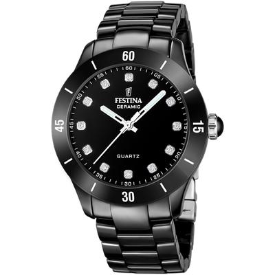 Keramikuhr FESTINA "Ceramic", schwarz, schwarz, Armbanduhren, Damen, Quarzuhr, Armbanduhr, Damenuhr, analog, Zirkonia (synth.) Image