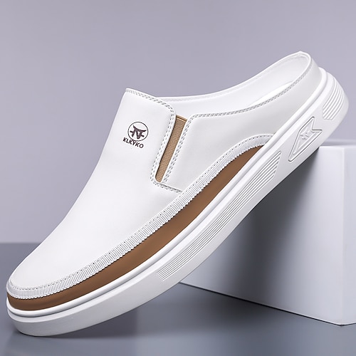 weiße Pantoletten für Herren – stylisches Slip-On-Design mit braunen Akzenten, leicht und bequem für den Alltag, Freizeitausflüge und Reisen Image