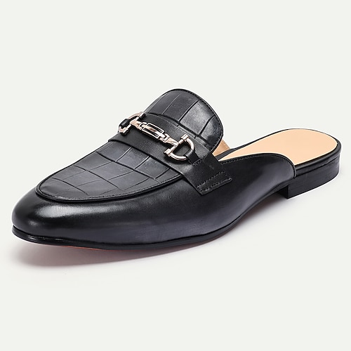 Herren-Pantoletten aus braunem Leder mit Krokoprägung und goldener Schnalle – luxuriös, stilvoll, geeignet für Business, formelle Anlässe und Abendgarderobe Image