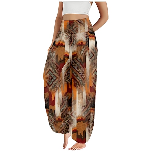 Damen Kunstbaumwollleinen Weites Bein Hosen Hose Ethno-Stil Lässig Boho Volle Länge Hohe Taille Blumen Grafik Paisley-Muster Tasche Elastischer Bund Drucken Atmungsaktivität Weich Mikroelastisch Image
