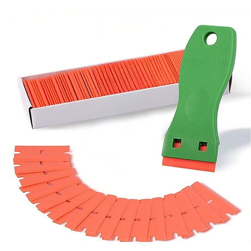 Rasierklingenschaber aus Kunststoff und 100 Klingen, Werkzeug zum Entfernen von Etikettenaufklebern, für kratzfreies Entfernen von Aufklebern aus Kunststoff, Klebstoffentferner für Küchengeräte, Image