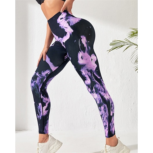 Damen Yogahose Yoga-Leggings Elastischer Bund Po-Lifting Bauchkontrolle Pilates Fitnesstraining Training Hosen Batik Purpur Herbst Sport Sportkleidung Dehnbar Schlank Image
