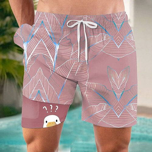 Herren Lustig Ente Palmblatt Gefütterte Shorts 2 in 1 Badeshorts Badeshorts Mittlere Taille Hawaiianisch Urlaub Ferien Strandbekleidung Seitentaschen Mit Kompressionsfutter Elastischer Kordelzug in Image