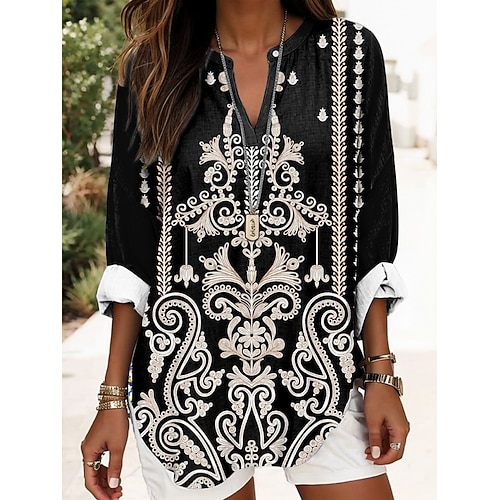 Damenbluse Leinenartig Atmungsaktiv Leicht Tunika V-Ausschnitt Langarm Boho Lässig Floral Grafik Vintage Tropisch Reguläre Tops Täglich Urlaubsbekleidung Druck Schwarz Blau Khaki Image