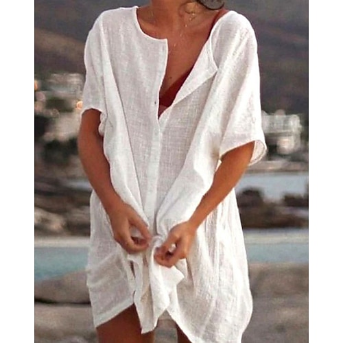 Damen Minikleid Kunstbaumwollleinen Hemdblusenkleid Klassisch Täglich Urlaub Ferien Normale Passform Einfach Kurzarm V Ausschnitt Weiß Gelb Rosa Sommer Image