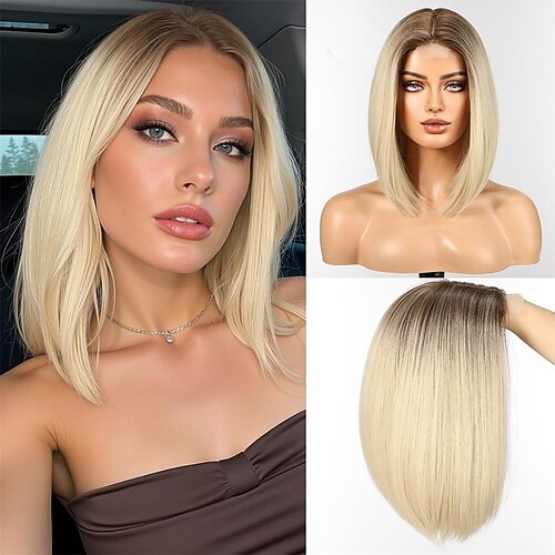 Bob-Perücken für Frauen, Mittelscheitel-Bob-Stil, hitzebeständige Faser, synthetische hitzebeständige Perücken, hellbraune Farbe Image