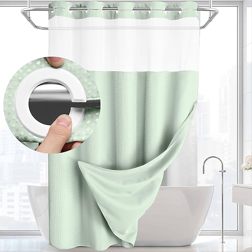 Waffelgewebe Duschvorhang 200cm hoch duschvorhang waschbar mit Snap-in-Stoff-Innenfutter-Set duschvorhang grün einfarbiger Hotelstil für Badezimmer mit Netzoberfenster Image