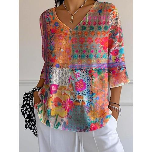 Damen Bluse Blumen Grafik Bohemien Tropisch Stilvoll Dreiviertelarm V Ausschnitt Normale Oberteile Täglich Blau Fuchsie Orange Sommer Frühling