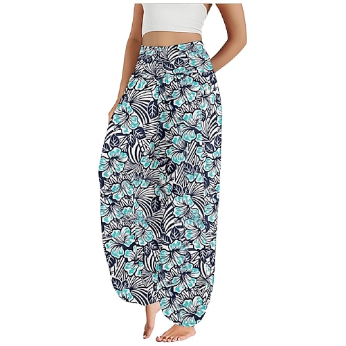 Damen Kunstbaumwollleinen Weites Bein Hosen Hose Ethno-Stil Lässig Boho Volle Länge Hohe Taille Blumen Blatt Tropisch Tasche Elastischer Bund Drucken Atmungsaktivität Weich Mikroelastisch Outdoor Yoga Image