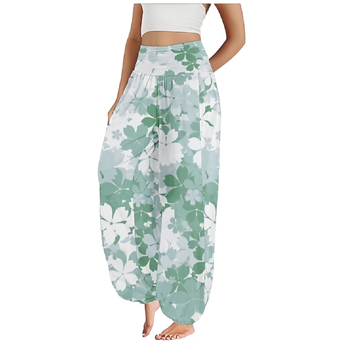 Damen Kunstbaumwollleinen Weites Bein Hosen Hose Ethno-Stil Lässig Boho Volle Länge Hohe Taille Blumen Tasche Elastischer Bund Drucken Atmungsaktivität Weich Mikroelastisch Outdoor Yoga Leicht Grün Image