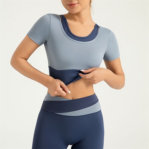 Damen Yoga Top Rundausschnitt Atmungsaktiv Patchwork Kurzarm Sport Einfarbig T-Shirt Oberteil Für Laufen Fitness Yoga Lässiger Schnitt Sportkleidung Image