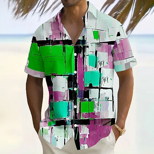 Herren Geometrisch Farbblock Karo / Karomuster Hemd Freizeithemd Knopfhemd Kurzarm Modisch lässig Urlaub Ferien Streetwear Sommer Umlegekragen 3D-Druck Eine Tasche vorne Leinenähnliches Hemd Wei Image