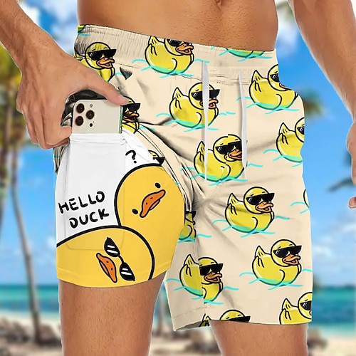 Herren Mit Buchstaben bedruckt Lustig Ente Gefütterte Shorts 2 in 1 Badeshorts Badeshorts Mittlere Taille Hawaiianisch Urlaub Ferien Strandbekleidung Seitentaschen Mit Kompressionsfutter Elastischer Image