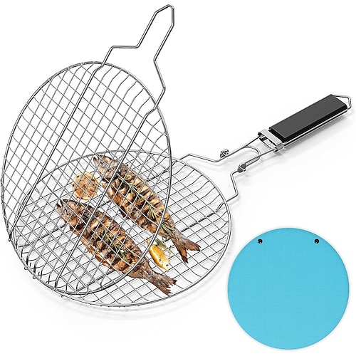 runder tragbarer BBQ-Grillkorb, Edelstahl-Fischgrillrost mit abnehmbarem, sicherem Verriegelungsgriff, Grillzubehör für Grillgemüse und Fischgarnelen im Freien Image