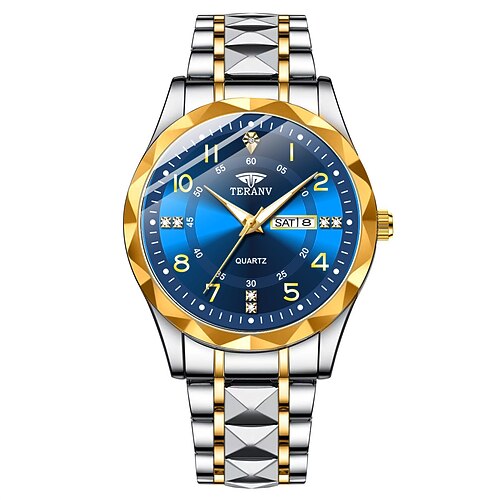 Modische Herren Quarz Uhr Rhombus Digitale Zifferblatt Doppel Kalender Leuchtende wasserdichte Stahlarmbanduhr Strass Dekorationsuhr Geschäfts Uhr Geschenk Favorit Image