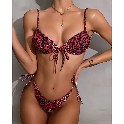 Damen Badeanzug Bikini Zweiteilig Bademode Rückenfrei Tropisch Strandbekleidung Leopard U-Ausschnitt Ärmellos Badeanzüge Image