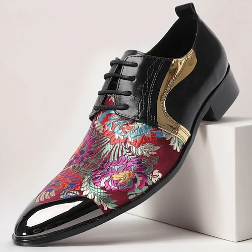 Rote und lila floral gemusterte Leder-Oxford-Schuhe für Männer mit goldener Spitze und Schnürdesign – elegant trendbewusst ideal für formelle Anlässe und Partys Image