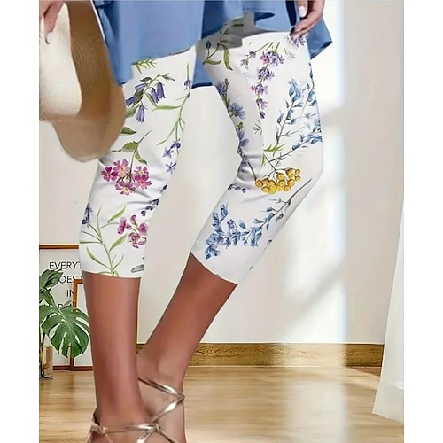 Damen Leggings Capri Hosen hohe Elastizität Urlaub Vintage Mode knielang hohe Taille floraler Grafikdruck atmungsaktiv weich dehnbar formell Urlaub Straße violett Robin-Ei Image