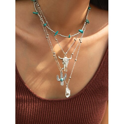 Damen-Set aus mehrlagigen türkisfarbenen Perlen im Western-Stil – Statement-Schmuck im Boho-Stil mit Kaktus- und Tropfenanhängern, ideal für Festivals, Country-Konzerte und die Freizeit Image