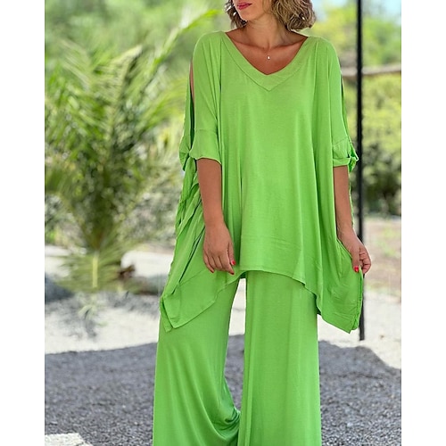 Damen Bluse Hosen-Sets Halbarm V Ausschnitt Einfarbig Ausschnitt Aktiv Mode Ferien Alltagstauglich Blau Schwarz Orange Sommer Normale Passform Image