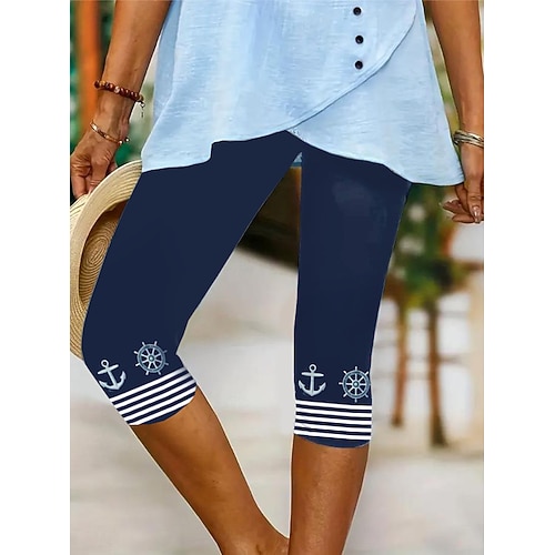 Frauen Leggings Capri Hosen Hochstretchfähigkeit Urlaub Mode Küsten-Oma Stil Vollständig Lang Mittlere Taille Grafische Streifen Ozean Druck Thermisch Warm Atmungsaktiv Weich Dehnbar Outdoor Urlaub Image