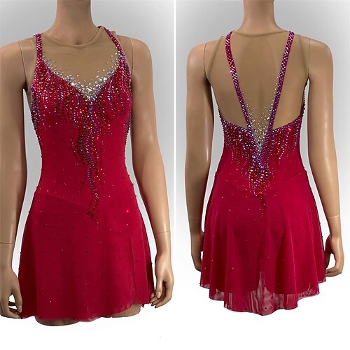 Eiskunstlaufkleid Damen Mädchen Eislaufen Kleid Rot Patchwork Asymmetrischer Saum Netzstoff Hohe Elastizität Training Wettbewerb Eiskunstlaufkleidung Klassisch Kristall / Strass Ärmellos Eislaufen Image