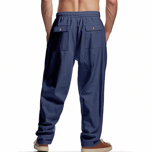 Herren Leinenhosen Hose Sommerhose Baggy-Hosen Tasche Elastischer Bund Gerader Schnitt Einfach Komfort Atmungsaktiv Volle Länge Lässig Täglich Ferien Mode Klassicher Stil Schwarz Weiß Image