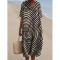 Damen Midikleid Sommerkleid A Linie Kleid Urlaub Lässig Strand Party Ausgehen Strand Lässiger Schnitt Grafik Geometrisch Kurzarm V Ausschnitt WeißSchwarz Dunkelbraun Asche Sommer Frühling