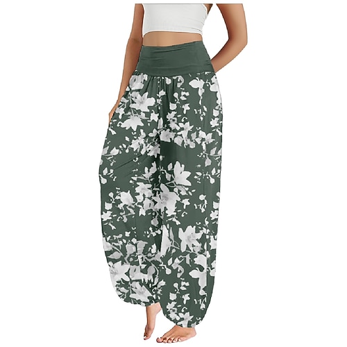 Damen Kunstbaumwollleinen Weites Bein Hosen Hose Ethno-Stil Lässig Boho Volle Länge Hohe Taille Blumen Tasche Elastischer Bund Drucken Atmungsaktivität Weich Mikroelastisch Outdoor Yoga Schwarz Rosa Image