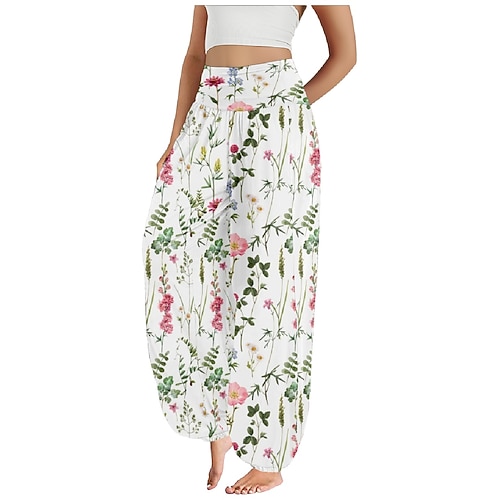 Damen Kunstbaumwollleinen Weites Bein Hosen Hose Ethno-Stil Lässig Boho Volle Länge Hohe Taille Blumen Tasche Elastischer Bund Drucken Atmungsaktivität Weich Mikroelastisch Outdoor Yoga Blau Wei Image