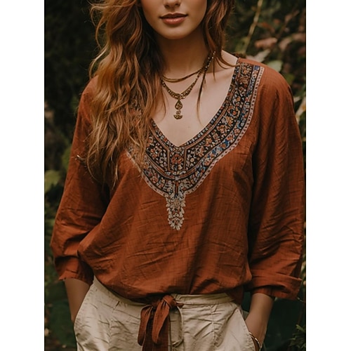 Damen Popover-Hemd Freizeithemd Bluse Gerafft Druck Blumen Grafik Geometrisch Bohemien Vintage Tropisch Dreiviertelarm V Ausschnitt Normale Oberteile Outdoor Ferien Kastanienbraun Sommer Frühling Image