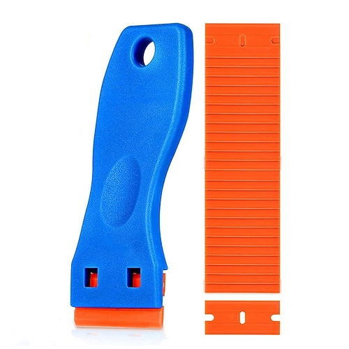 Rasierklingenschaber aus Kunststoff und 100 Klingen, Werkzeug zum Entfernen von Etikettenaufklebern, für kratzfreies Entfernen von Aufklebern aus Kunststoff, Klebstoffentferner für Küchengeräte, Image