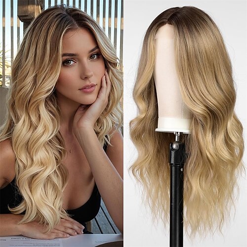 lange gewellte braune Perücken für Frauen, hitzebeständige Perücke mit Mittelscheitel für den Alltag Image