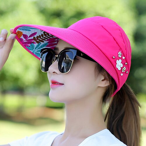 Sommer faltbarer Sonnenschutzhut breite Krempe Frauen einfarbig Perlen Blumen Dekor Sonnenhut Visier Outdoor Sport Cap Image
