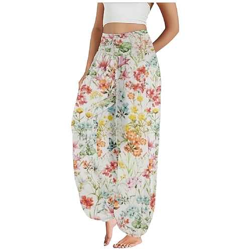 Damen Kunstbaumwollleinen Weites Bein Hosen Hose Ethno-Stil Lässig Boho Volle Länge Hohe Taille Blumen Tasche Elastischer Bund Drucken Atmungsaktivität Weich Mikroelastisch Outdoor Yoga Leicht Grün Image