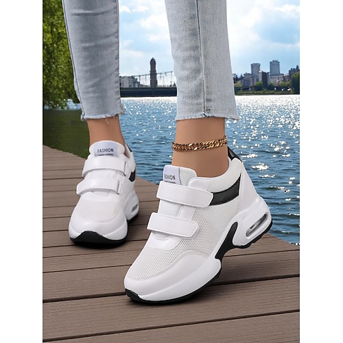 Weiße Mesh-Sneaker für Damen mit Klettverschluss – modische, luftgepolsterte Sportschuhe für die Freizeit und den Stadtbummel Image
