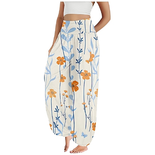 Damen Kunstbaumwollleinen Weites Bein Hosen Hose Ethno-Stil Lässig Boho Volle Länge Hohe Taille Blumen Blatt Tropisch Tasche Elastischer Bund Drucken Atmungsaktivität Weich Mikroelastisch Outdoor Yoga Image
