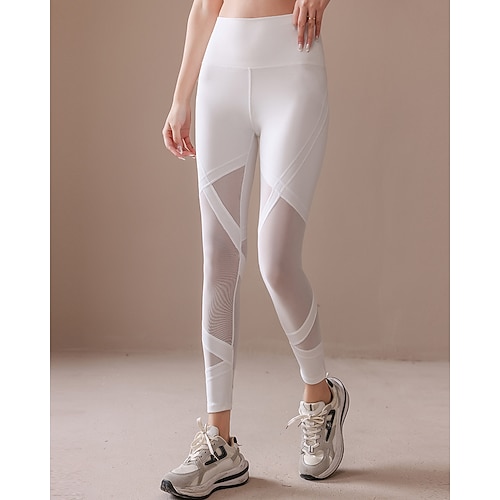 Damen Yogahose Yoga-Leggings Netz Po-Lifting Bauchkontrolle Hohe Taille Pilates Fitnesstraining Training Strumpfhosen Einfarbig Schwarz Weiß Blau Spandex Herbst Sport Sportkleidung Dehnbar Schmaler Image