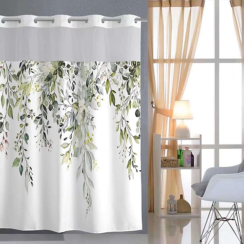 Duschvorhang ohne Haken 180cm hoch mit druckfreiem Polyesterstoff-Einlage blatt durchsichtiger Oberseite wasserdichter Doppel-Lagen Badewannenvorhang mit Pflanzenblattmuster Image