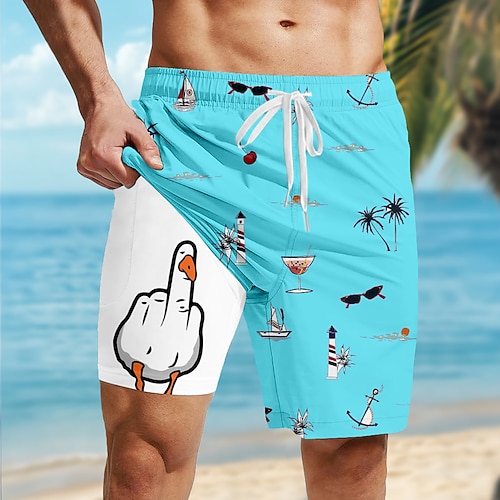 Herren Kokospalme Lustig Ente Gefütterte Shorts 2 in 1 Badeshorts Badeshorts Mittlere Taille Hawaiianisch Urlaub Strandbekleidung Seitentaschen Mit Kompressionsfutter Elastischer Kordelzug in der Image